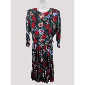 Vintage Floral Rayon Midi Dress Black Red Cottagecore Pockets Size 12